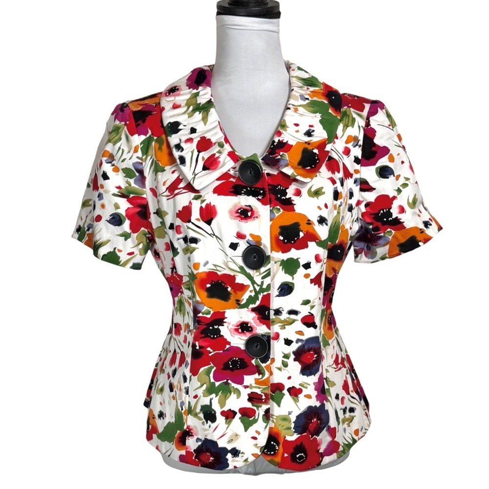 NYP Floral Print Peplum Blazer Mod Jacket Sz 10 Short Sleeve Retro Spring Easter